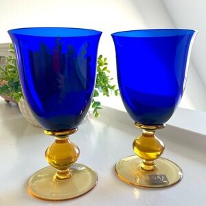 Vintage Mikasa Estate Cobalt Blue & Amber Goblets Glasses Set of 2 Hand-blown